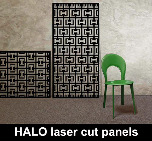 HALO laser cut metal panels in black with green chair