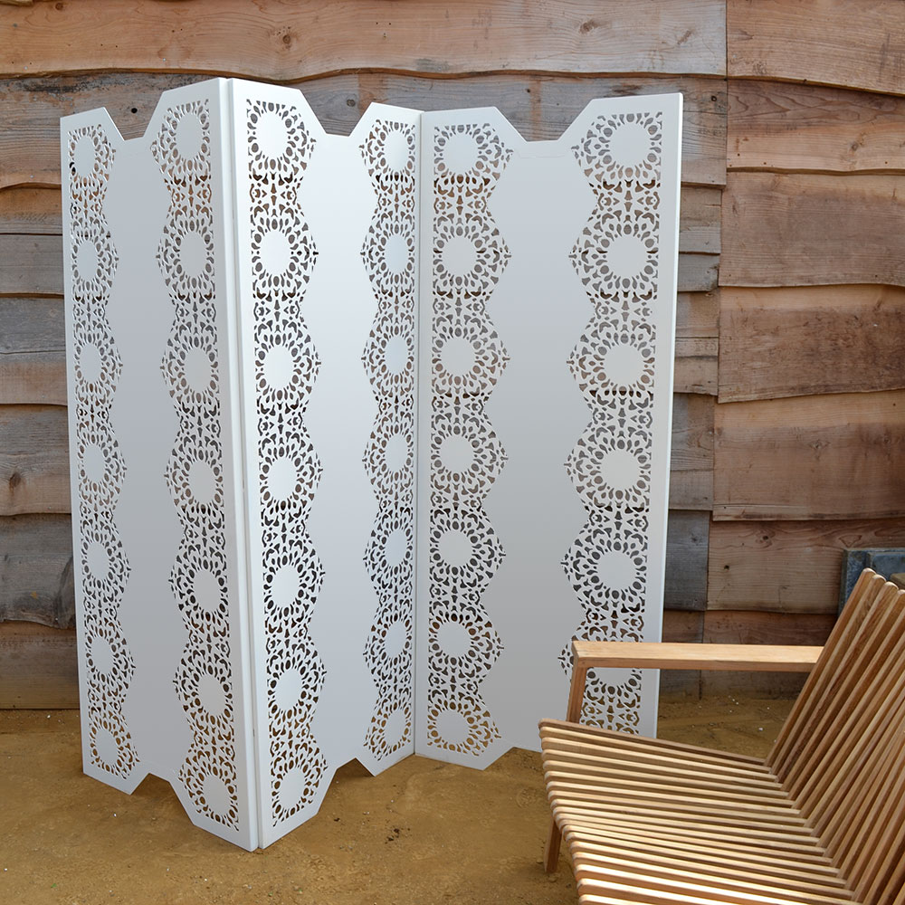 Nottingham Lace Screen in garden setting by Lace Furniture